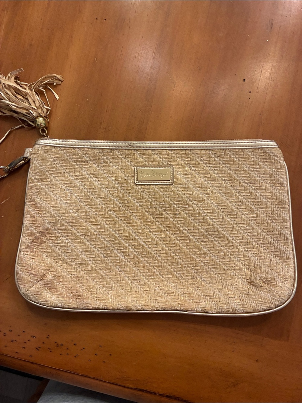 Lilly Pulitzer Beige Woven Zip Clutch with Tassel